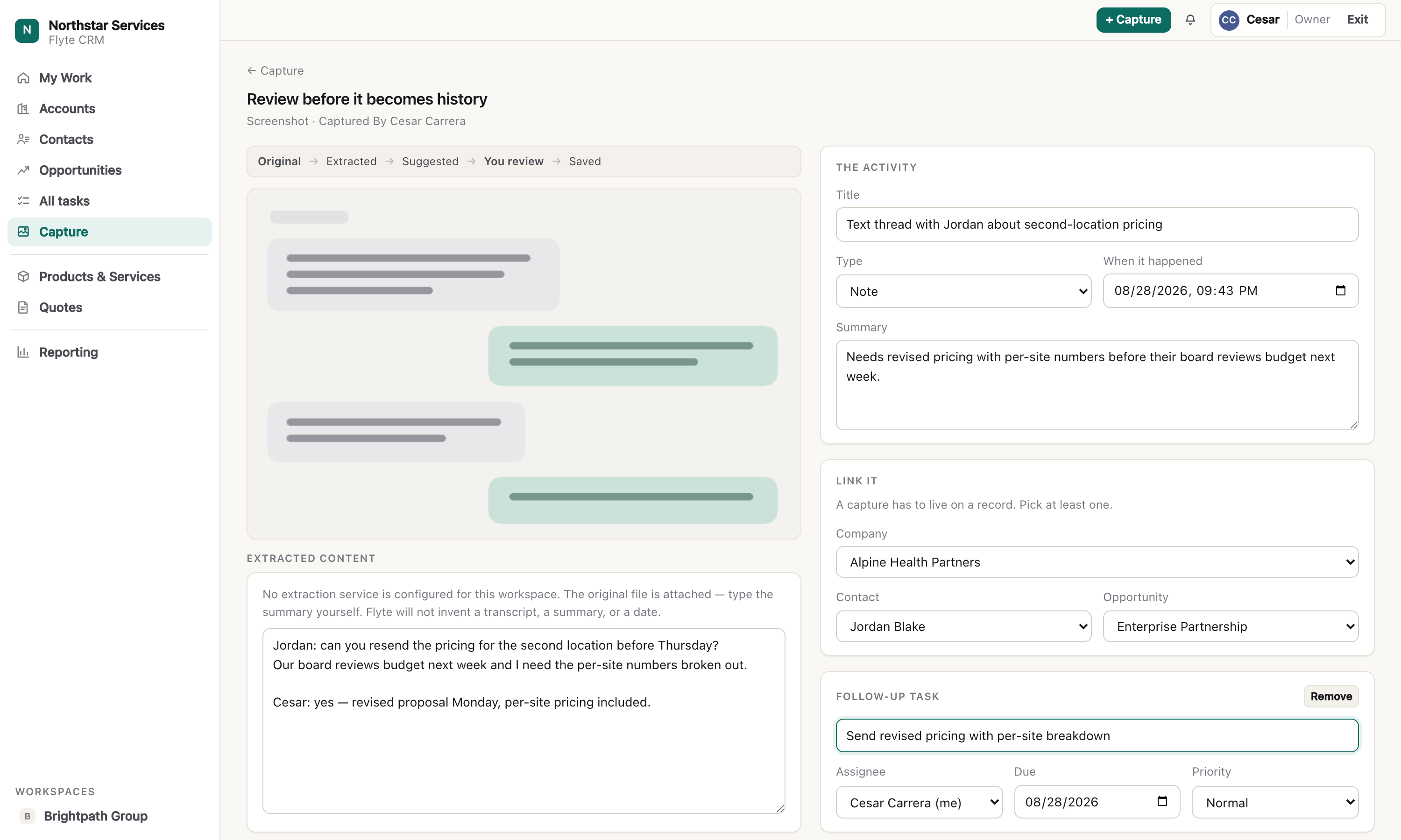 The capture review screen: the uploaded screenshot on the left beside its extracted text, and on the right the activity title, type, date, summary, company and contact links, and an optional follow-up task.