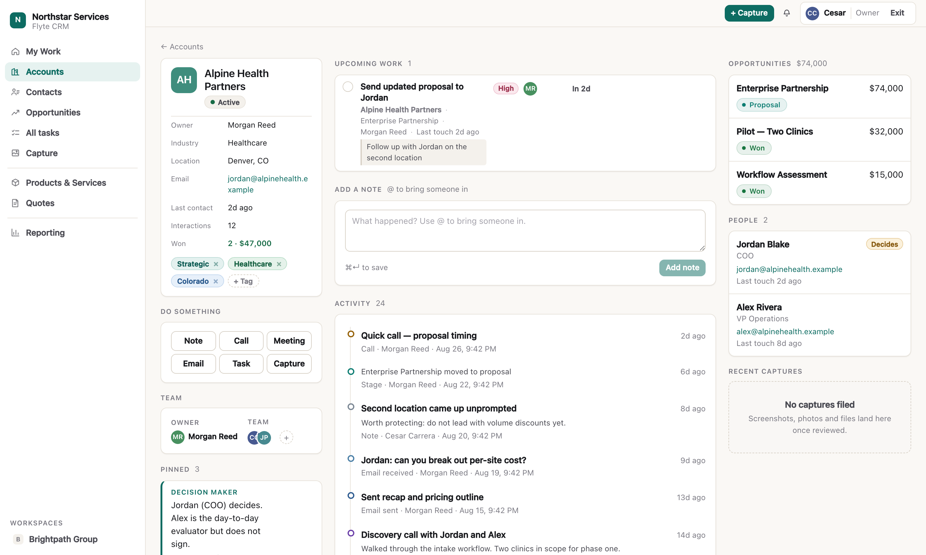 A company workspace in three columns: identity and quick actions on the left, upcoming work and a chronological activity timeline in the centre, contacts and opportunities on the right.