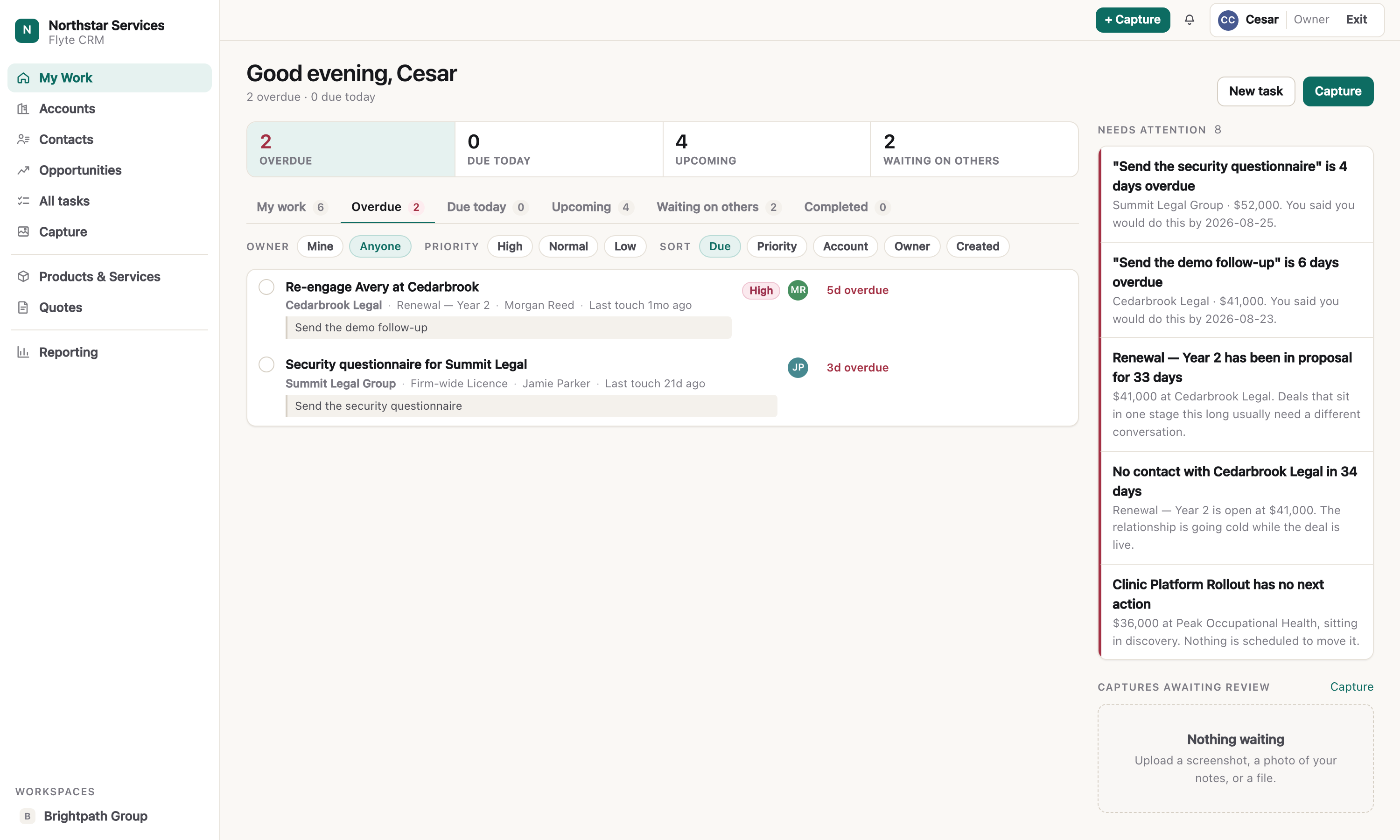 The Overdue tab of My Work, showing delegated tasks with days-overdue counts, priority and assignee.